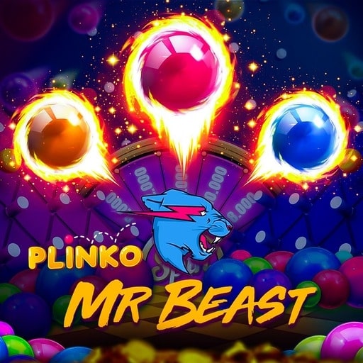 A promotional graphic for the Plinko Mr Beast game featuring glowing red, blue, and yellow balls with fiery effects, surrounded by colorful spheres and the game's logo at the bottom.